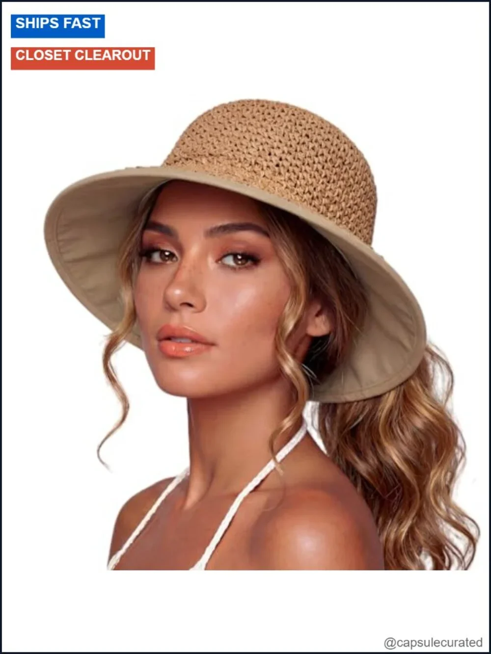 Handmade Straw Ponytail Sun Hat UPF 50+ Cooling Sweatband Packable Wide Brim
